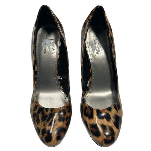 Worthington Leopard Print High Heels Closed Almond Toe Shiny Cheetah Print Pumps - Picture 2 of 12